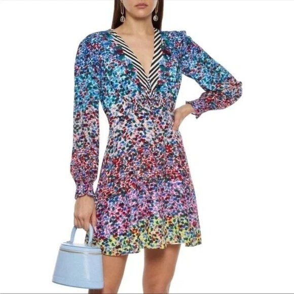 Saloni Eve Striped Rainbow Floral Print Puff Sleeve Button Front Mini Dress 6 - Picture 1 of 11